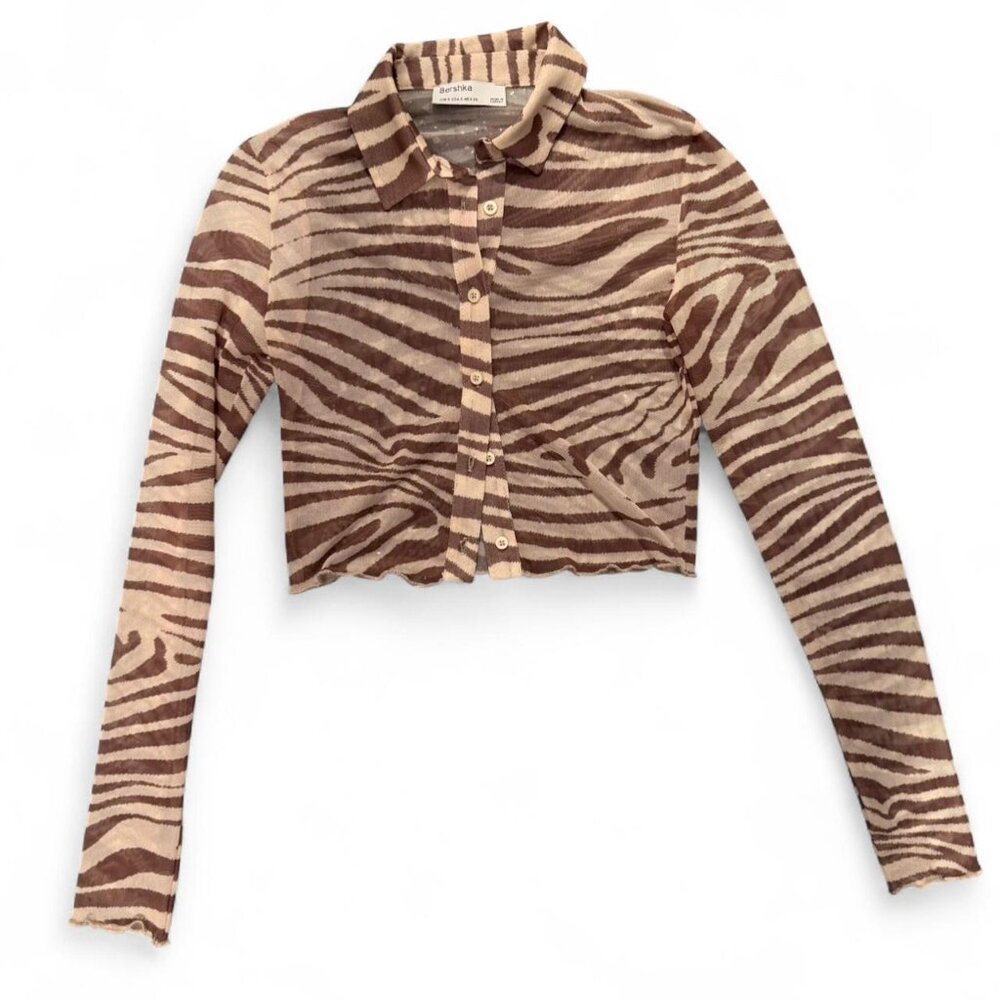 Bershka mesh shirt in brown zebra print
